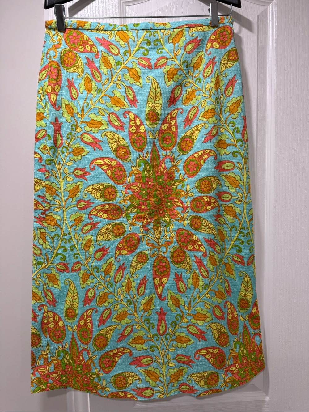 Zara Aqua Midi Skirt with Yellow and Coral Floral Print, Linen blend, XL